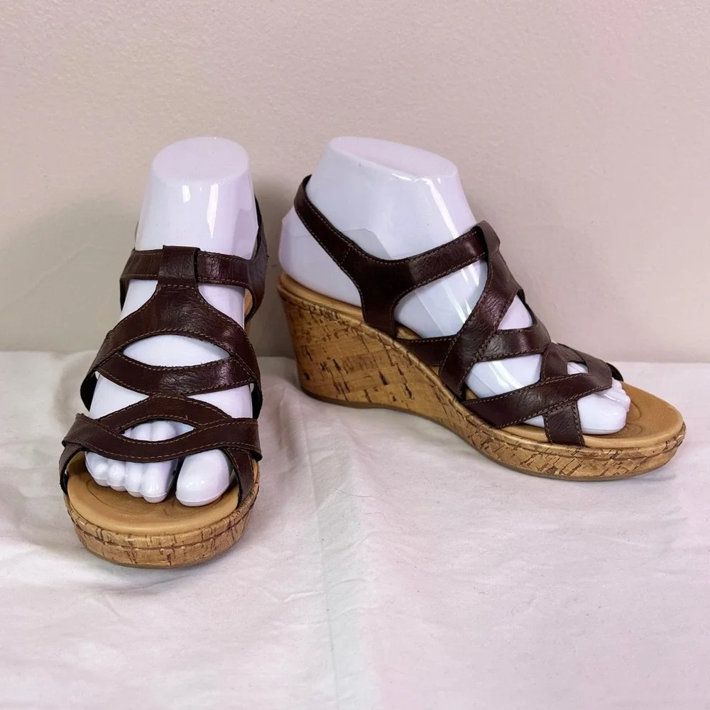 b.o.c. Born Concept Chyna Strappy Wedge Sandals 7M Brown Cork Heel Boho Comfort